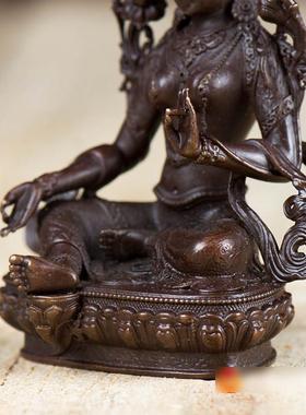 藏村 绿度母铜像现代桌面摆件台湾精工铜仿古随身小铜像7cm