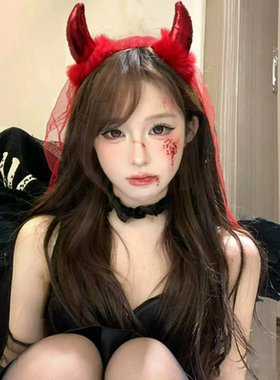 万圣节红恶魔牛角毛绒头箍