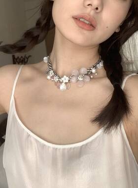 《茱丽叶塔》粉色浪漫少女心天然石花瓣项链温柔小众设计锁骨链