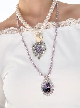 原创百搭可爱猫咪珐琅紫色珍珠项链女轻奢小众长款毛衣链项链颈饰