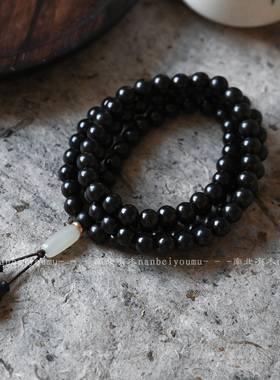 原创「夜未央」天然黑檀木多圈手串108颗随形和田玉中式佛珠文玩