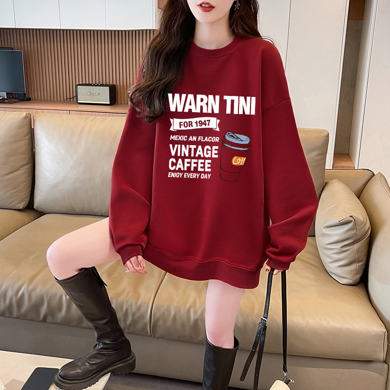 新年衣服圆领红色加绒卫衣女秋冬无帽新款长袖宽松上衣大码女装潮,淘宝优惠券,粉丝福利购,淘宝优惠卷