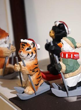 “滑雪公园”手工木雕装饰品可爱的卡通动物雪橇桌面圣诞装饰品