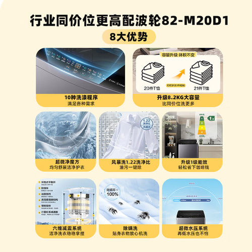 海尔智家8.2kg波轮全自动洗衣机家用大容量租房统帅20D1官方旗舰 - 图0