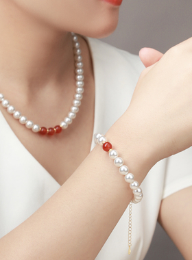 珍珠红玛瑙复古小众手链手串