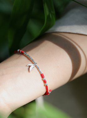 s925银竹节红绳手链女本命年手绳
