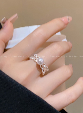 轻奢韩系蕾丝珍珠锆石戒指女款小众设计开口食指戒高级感叠戴指环