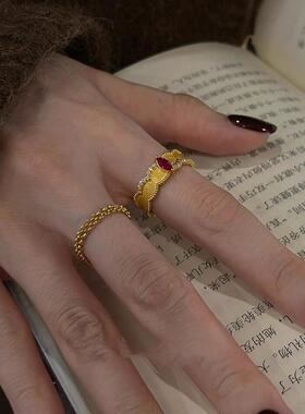 双层叠戴仿红宝石戒指女复古拉丝