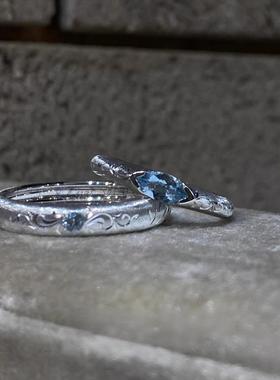 清冷感复古马眼蓝钻镂空雕花戒指