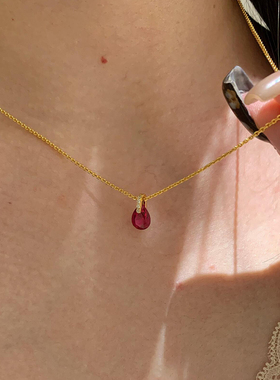 复古爆闪红色水滴仿锆石项链精致