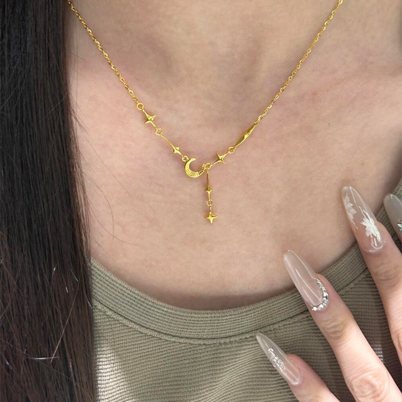 新中式中古金色四芒星月亮流苏项链女款高级感轻奢小众复古锁骨链,淘宝优惠券,粉丝福利购,淘宝优惠卷
