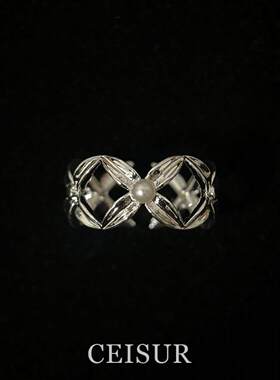 韩系银色四叶花仿珍珠戒指女小众