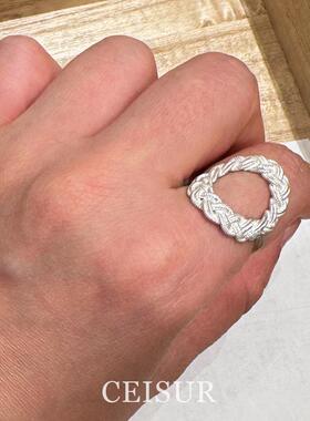 日式银色拉丝麻花镂空椭圆戒指女