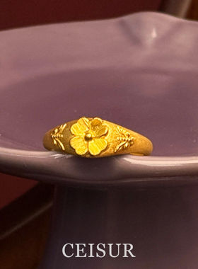 S925纯银古法金色拉丝四叶草戒指