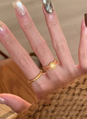 桃之夭夭粉金仿珐琅戒指小众设计