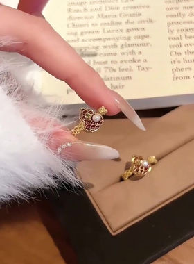 新中式酒红色葫芦仿珍珠戒指新年