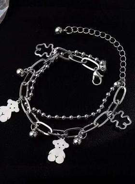 潮酷ins双层小熊手链女韩版百搭冷淡风闺蜜手链笑脸手饰
