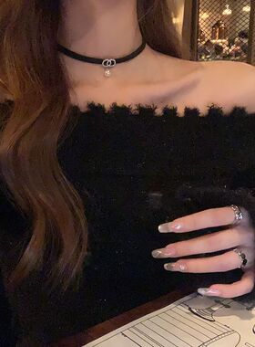 甜酷皮革双圈珍珠项链女黑色高级感锁骨链小众choker项圈脖子颈带