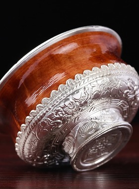 尼泊尔纯银包木手工雕花供水碗