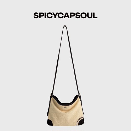 【面片儿】SpicyCapSoul小众定制帆布羊毛配头层牛皮单肩斜挎包 - 图1