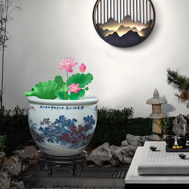 景德镇陶瓷手绘青花瓷鱼缸客厅庭院养乌龟睡莲荷花盆中式风水摆件,淘宝优惠券,粉丝福利购,淘宝优惠卷