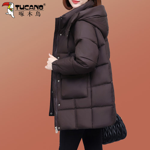 啄木鸟粉色中长款羽绒棉服女士冬季2025新款加厚保暖洋气夹棉外套 - 图0