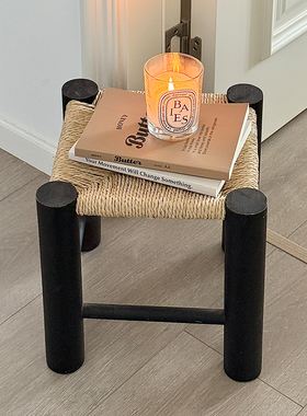 中古风矮凳客厅入户门换鞋凳仿藤编摆件家用复古高颜值实木凳子