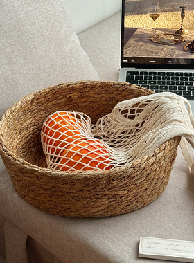 手工草编竹编收纳筐水果篮客厅圆形编织水果盘零食馒头筐家用托盘