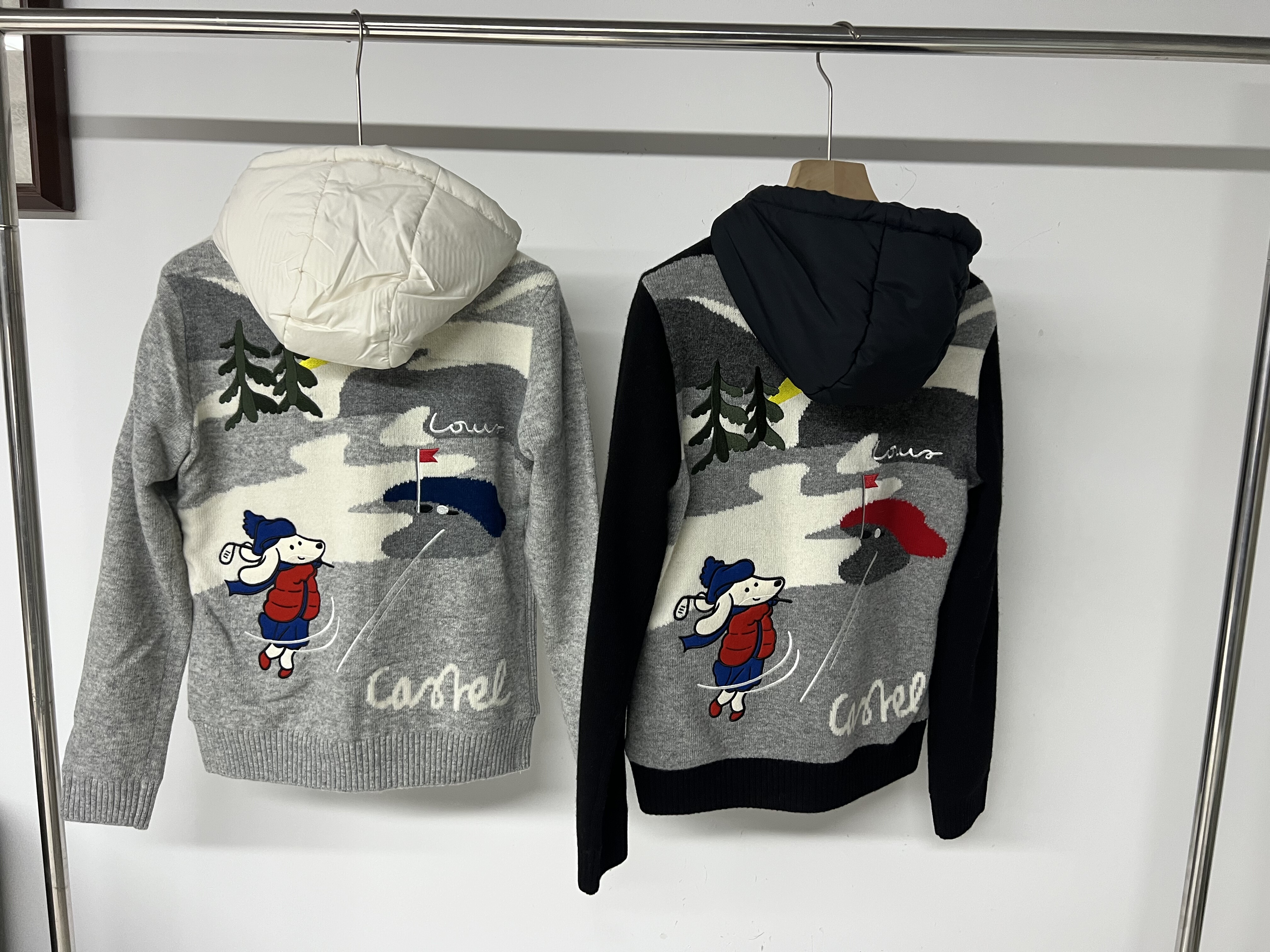 039 出韩国矮腿小狗高尔夫女士秋冬夹棉针织拼接连帽外套防风保暖,淘宝优惠券,粉丝福利购,淘宝优惠卷