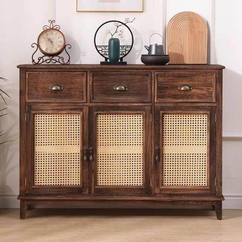 新中式实木餐边柜复古茶水柜家用客厅碗柜酒柜一体靠墙藤编储物柜,淘宝优惠券,粉丝福利购,淘宝优惠卷