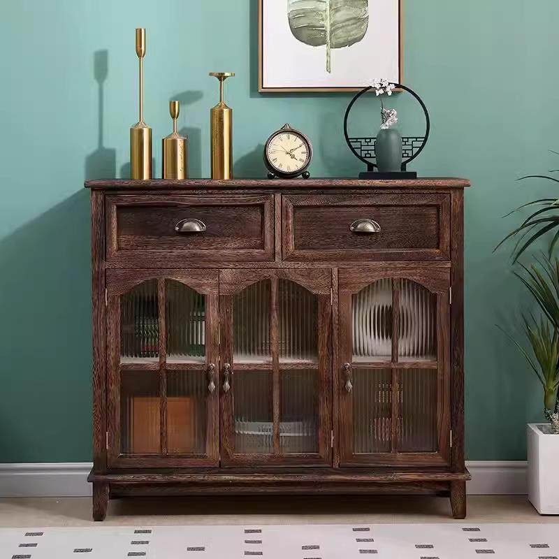 新中式实木餐边柜复古茶水柜家用客厅碗柜酒柜一体靠墙藤编储物柜,淘宝优惠券,粉丝福利购,淘宝优惠卷