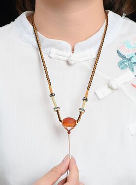 藏式吊坠项链绳纯手工手搓棉编绳天珠唐卡吊坠配饰女项链挂件绳子