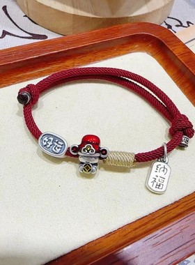 银999纯银好运手链连连财神相伴招财吉祥旺运手绳情侣民族风礼物