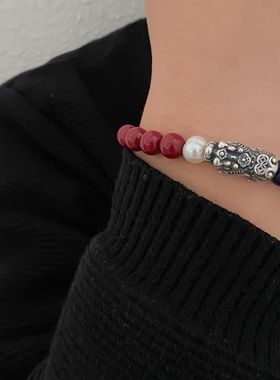 999足银情侣貔貅手链一对男女款纯银朱砂手串情人节礼物送女朋友