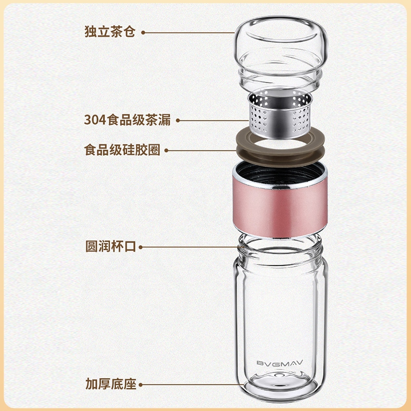 宝威玛玻璃杯女茶水分离双层防烫花茶杯子男士养生泡茶杯便携水杯