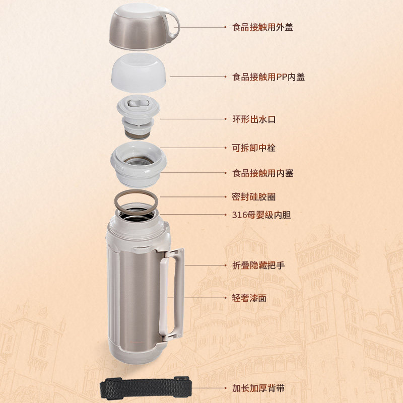 宝威玛 保温壶大容量户外车载便携旅行壶316不锈钢保温水壶保温杯
