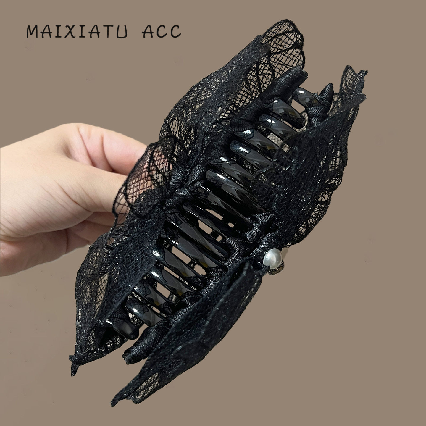 兰诺黑色蕾丝花边蝴蝶结发夹简约法式优雅后脑勺鲨鱼夹子大号抓夹 - 图1