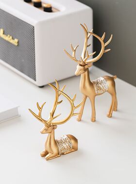 金色招财小鹿摆件客厅电视柜酒柜装饰品玄关办公室工艺中式鹿摆设