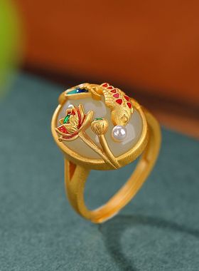 稀奇古怪的戒指复古民族风好运锦鲤莲花莲蓬戒指女个性鲤鱼气质开