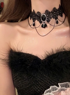 暗黑复古公主蕾丝花边流苏项链黑色洛丽塔颈链choke万圣节锁骨链