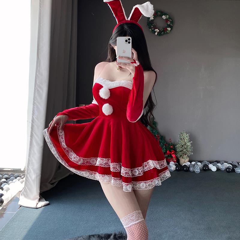 圣诞节服装cos兔女郎性感制服纯欲新年红色丝绒圣诞冬季裙子 - 图2