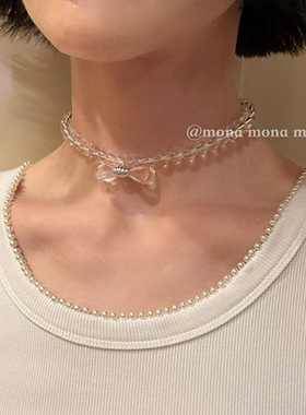 MONA同款蝴蝶结透明串珠锁骨链女小众设计感清冷感氛围气质百搭潮