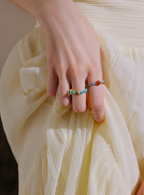 小彩串绿石戒指女小众设夏日多巴胺串珠叠戴套装食指环弹力尾戒
