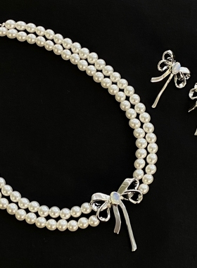 蝴蝶结双层珍珠项链原创小众设计高级感珍珠吊坠配饰时尚百搭颈链