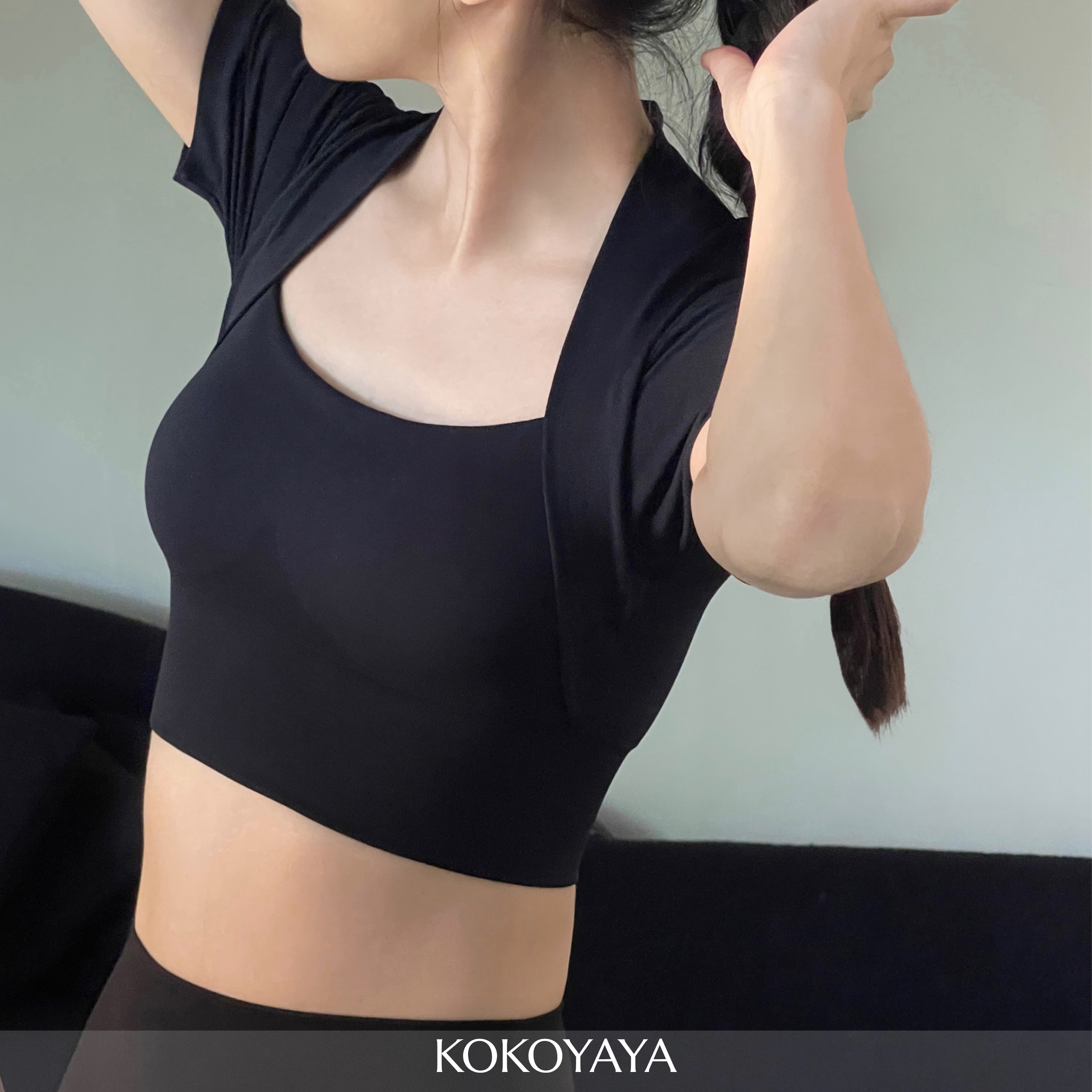 kokoyaya法式披肩运动上衣女短袖紧身收副乳健身衣带胸垫瑜伽服-图3