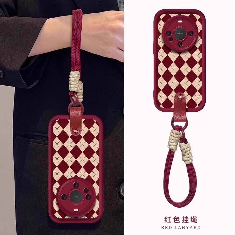 菱格红色羊巴皮带挂绳适用华为mate80pro手机壳70新年款mate60保护套格纹50女高级感秋冬m40E全包喜庆por时尚 - 图1