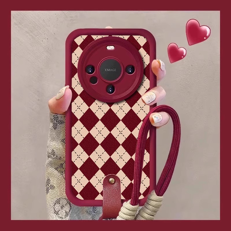 菱格红色羊巴皮带挂绳适用华为mate80pro手机壳70新年款mate60保护套格纹50女高级感秋冬m40E全包喜庆por时尚 - 图3