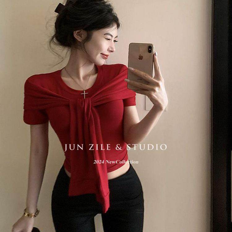 辣妹假两件披肩短袖女春设计感绑带短款上衣修身显瘦圆领正肩T恤,淘宝优惠券,粉丝福利购,淘宝优惠卷