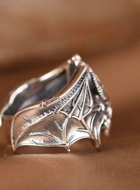 925银骷髅头蝙蝠戒指男款复古霸气朋克个性潮人宽版开口手饰