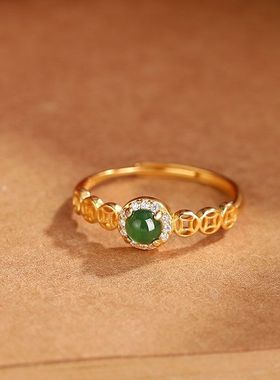 『财源滚滚』925银铜钱戒指镶嵌和田玉蛋面复古活口可调节指环